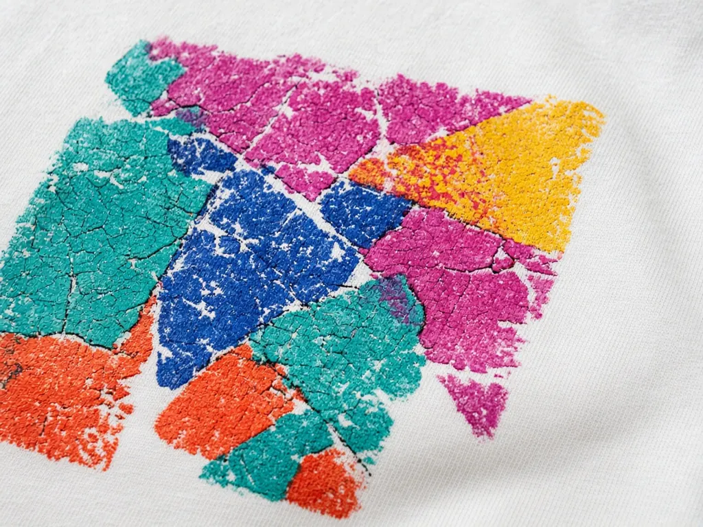 Close-up of a cracked, misaligned print on a white t-shirt